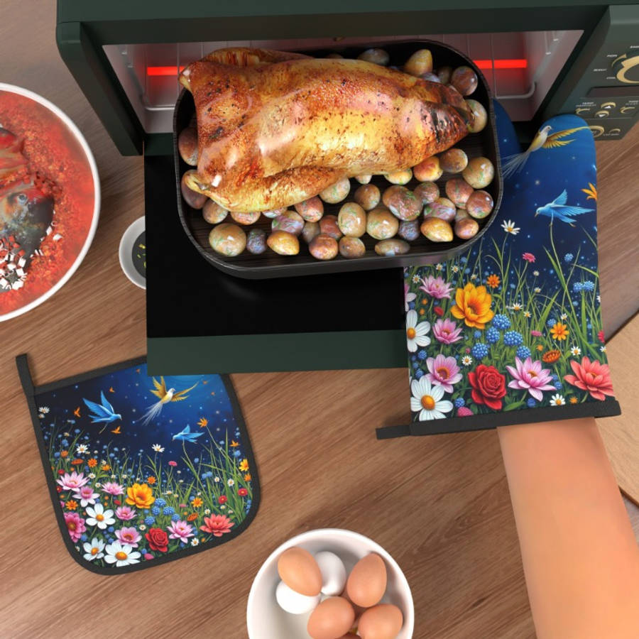 2pcs Set Colorful Floral Bird Design Polyester Oven Mitts and Potholders Heat Resistant Mac