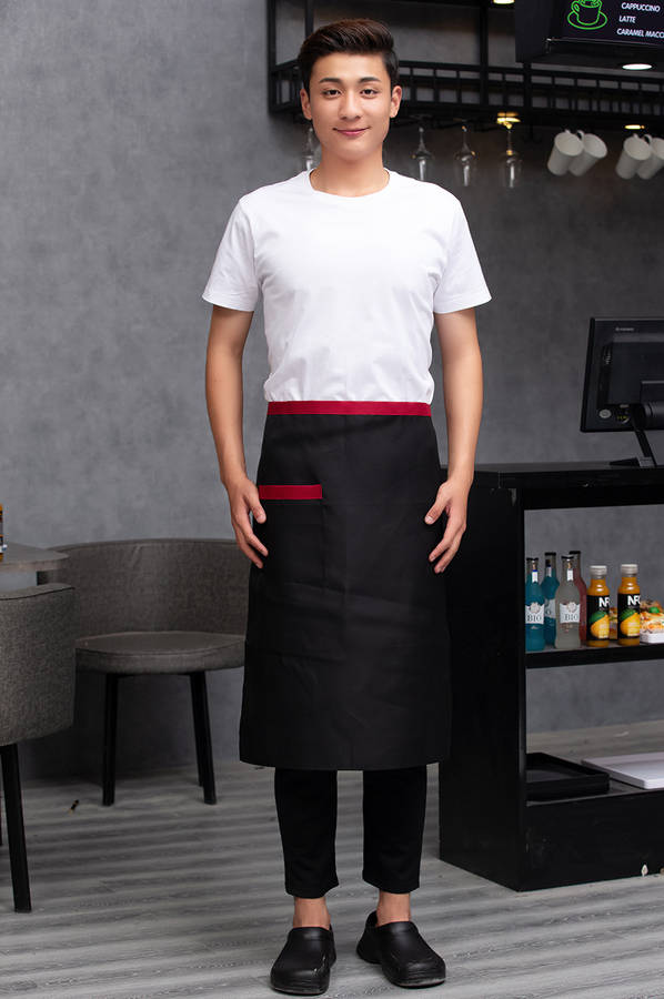 1pc Men's Black Canvas Chef Apron with Red Stripe Half-Length Server Kitchen Work Apron Durabl