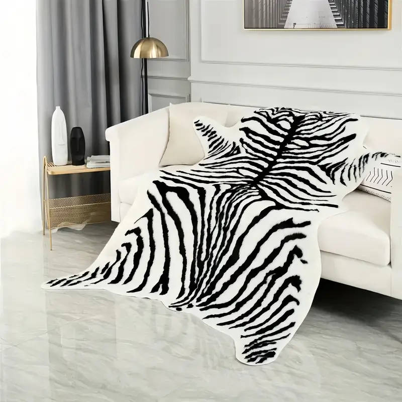 Large Zebra Print Velvet Area Mat - Soft, Washable, Non-Slip, Suitable for Living Room