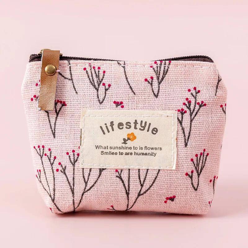 1pc Chic Floral Canvas Coin Purse Key Pouch Compact Zippered Wallet with Earphone Storage Ligh