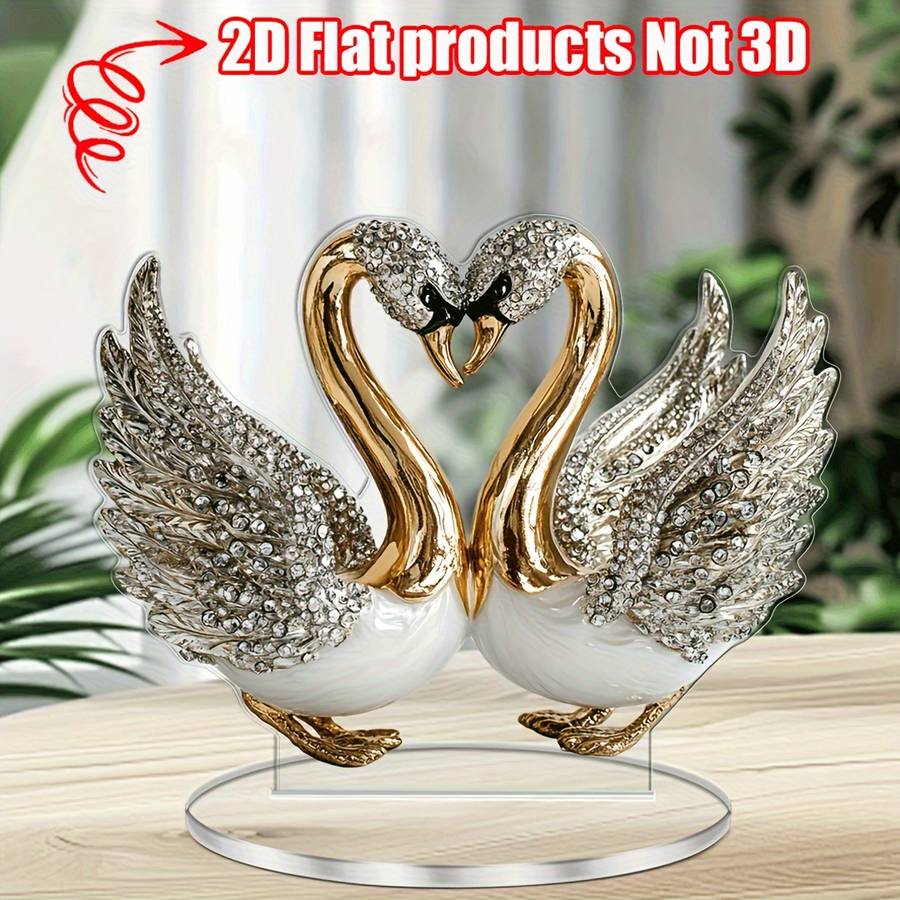 2D Flat  Acrylic Swan Sculpture 18.03Cm X 14.0Cm Elegant White Golden-Toned