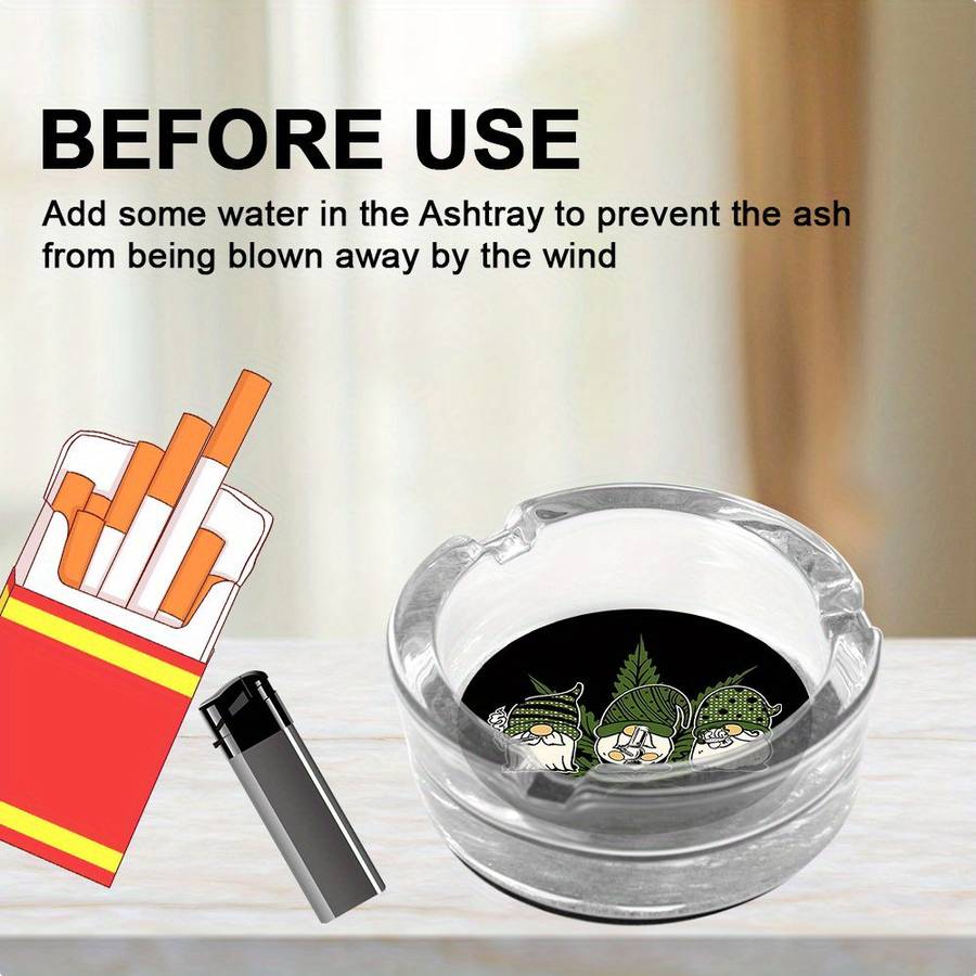 1pc Round Clear Glass Ashtray Black Background with Tri-color Geometric Plant Design Modern Desk