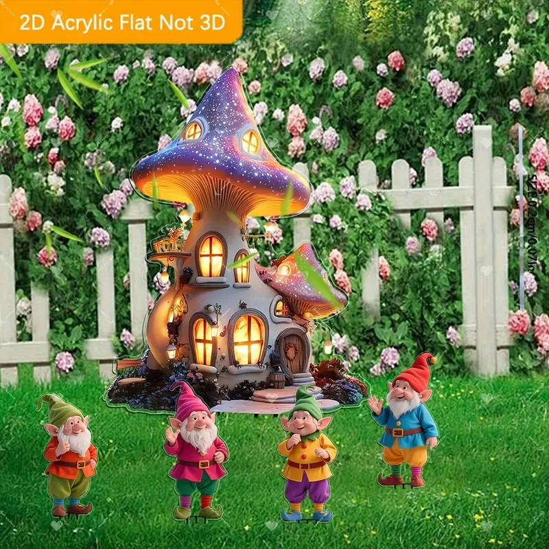 2D Flat 5 Pieces Fairy Gnome and Fantasy Mushroom House Acrylic Bohemian Garden Decoration
