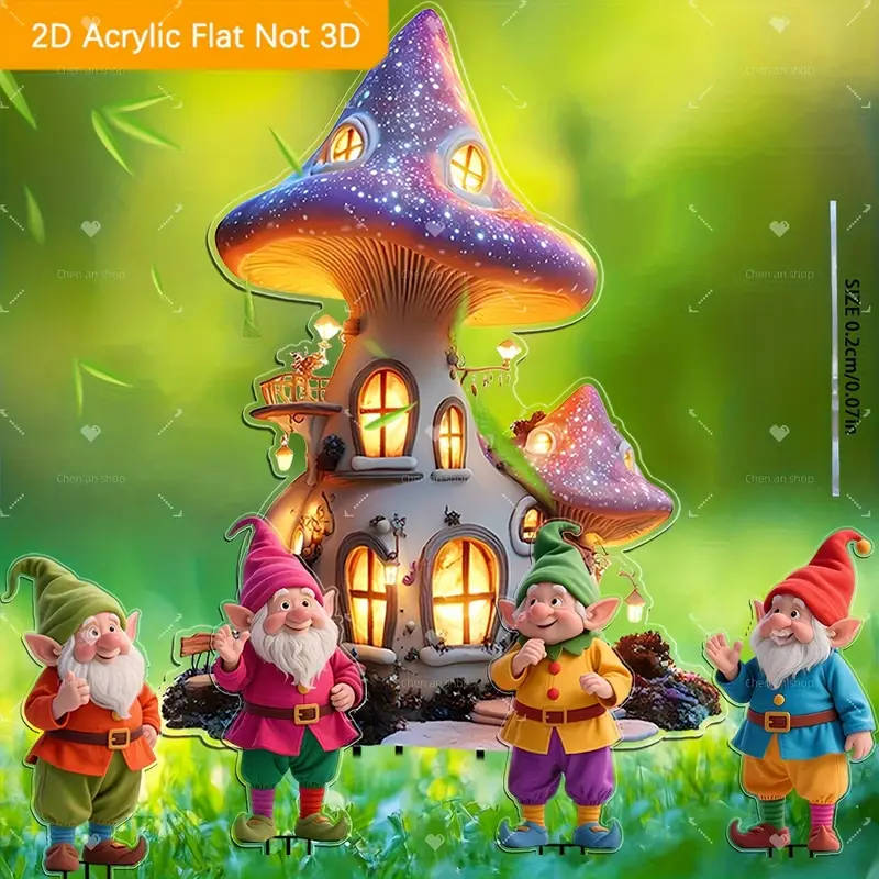 2D Flat 5 Pieces Fairy Gnome and Fantasy Mushroom House Acrylic Bohemian Garden Decoration
