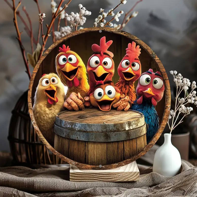 1pc Classic Chicken Themed Round Aluminum Sign 20.32x20.32cm Wall Hanging Decor for Bar Kitchen Cafe