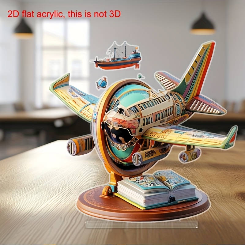 2D Flat Vibrant Acrylic Airplane Globe Tabletop Decor Colorful Rainbow Design Perfect For