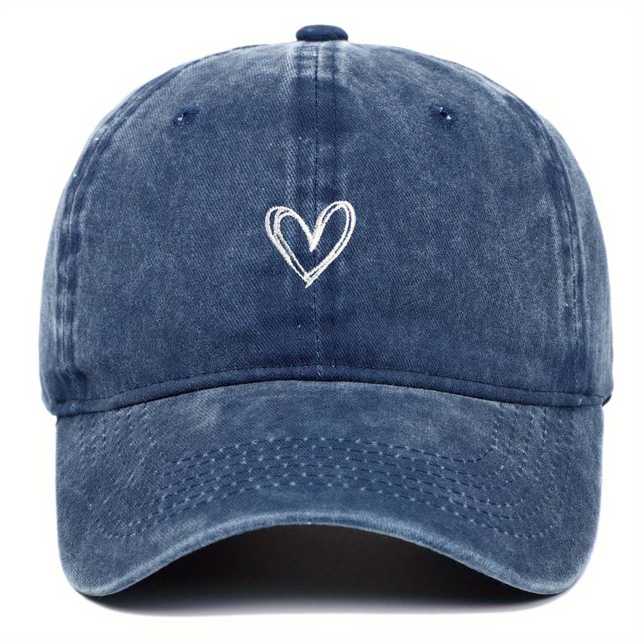 A Unisex Adjustable Baseball Cap With A Heart Pattern Embroidery That Is Washable.