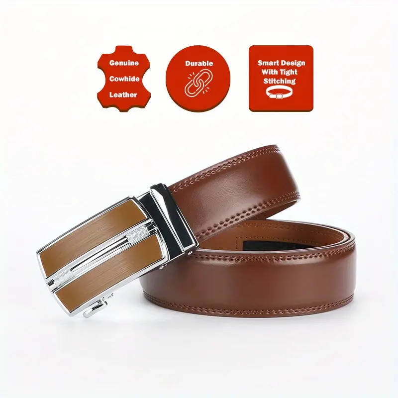 Men's Genuine Leather Ratchet Belt with Adjustable Automatic Buckle Black 125cm