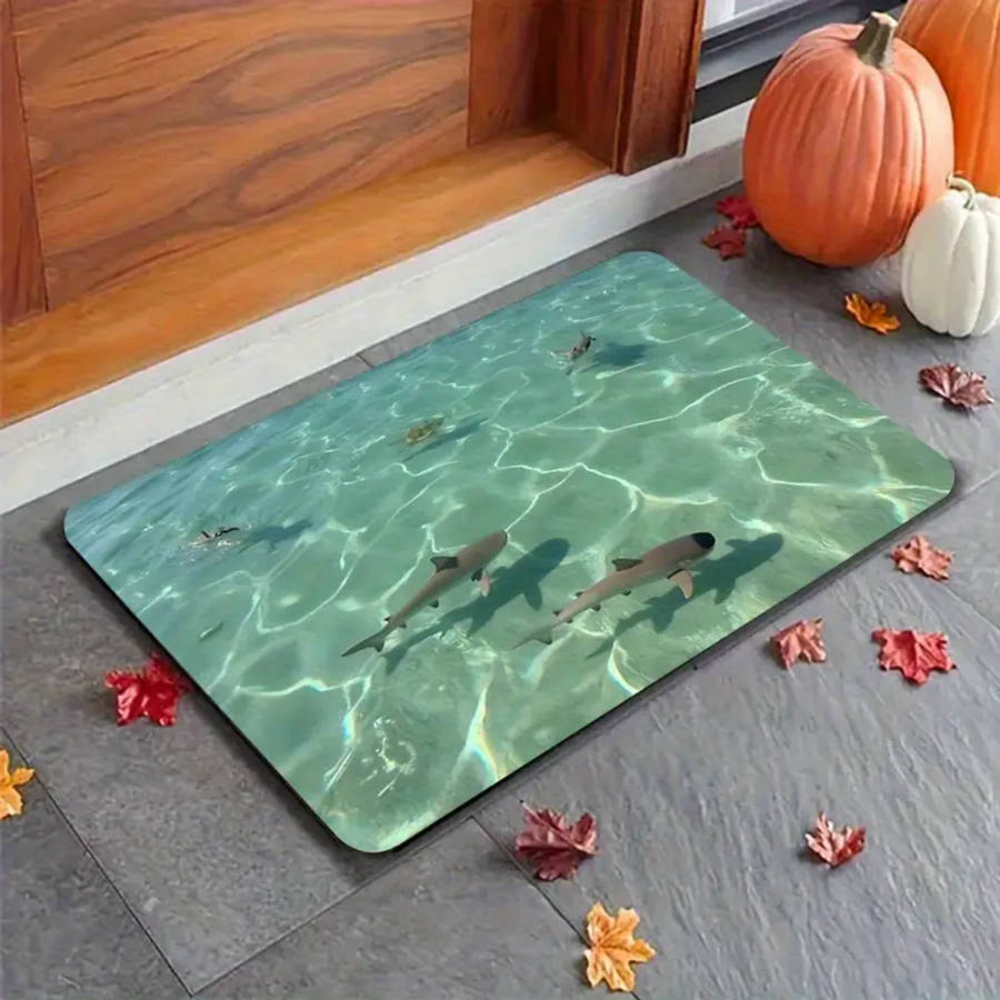 Underwater Shark Pattern Bathroom Anti-Slip Mat, Diatom Mud Floor Rug - Quick-Dry Absorbent