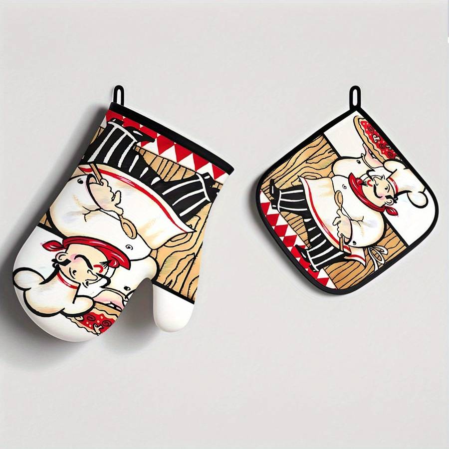 2 piece set Kitchen Oven Gloves and Hot Pads Pizza Chef Design for Kitchen Cooking Baking and
