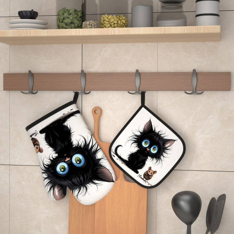 2pcs Heat-Resistant Oven Mitts Potholders Cute Black Kitten Brown Mouse Design 26.92x17.