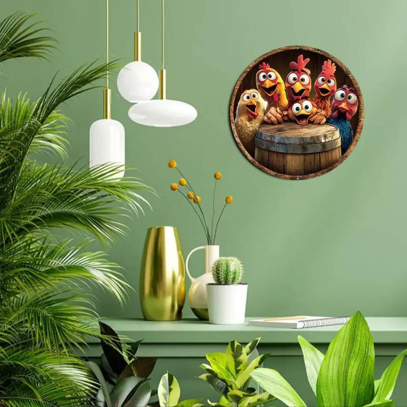 1pc Classic Chicken Themed Round Aluminum Sign 20.32x20.32cm Wall Hanging Decor for Bar Kitchen Cafe