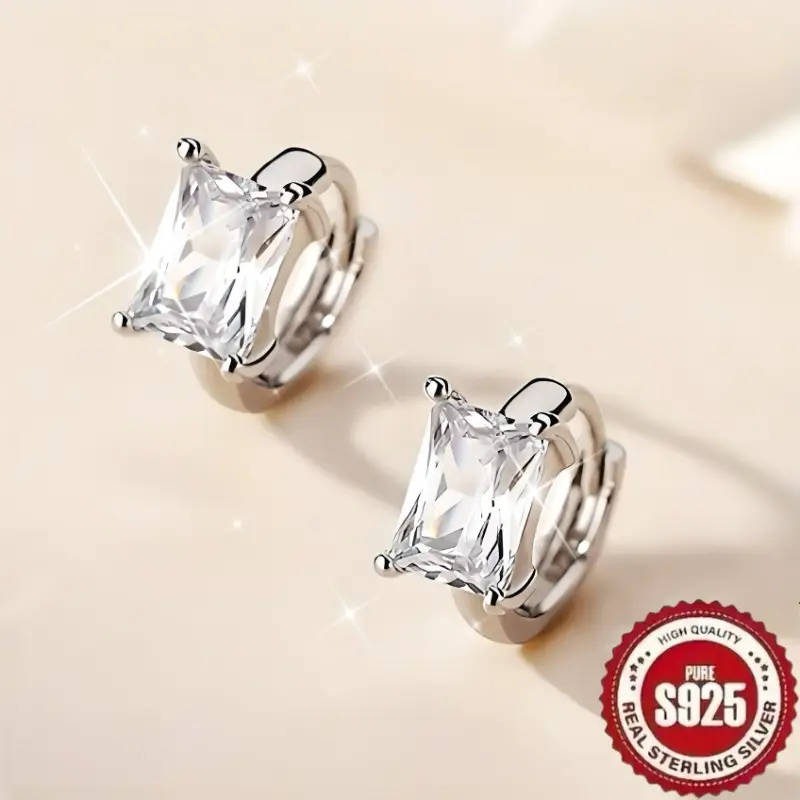 925 Sterling Silver Plated Retro Exquisite French Style, Rectangular Synthetic Zirconia Earrings