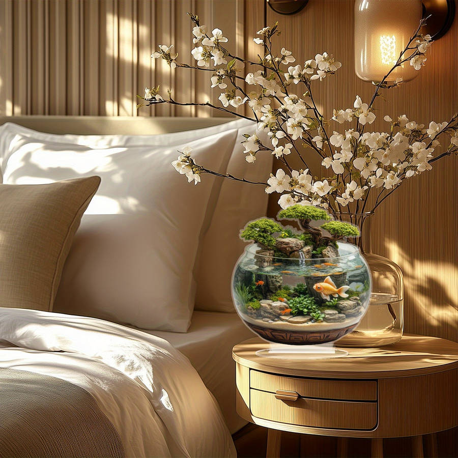 1pc 2D Flat  Acrylic Trim 8-Inch Glass Container with Golden Fish and Artificial Mountain Landscape