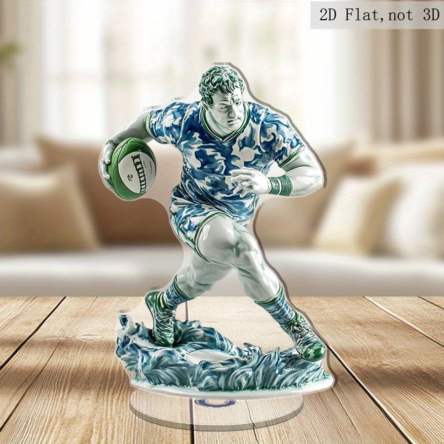 2D Flat Rotating Acrylic Rugby Player Figurine Blue and White Porcelain Style Relax Deskt