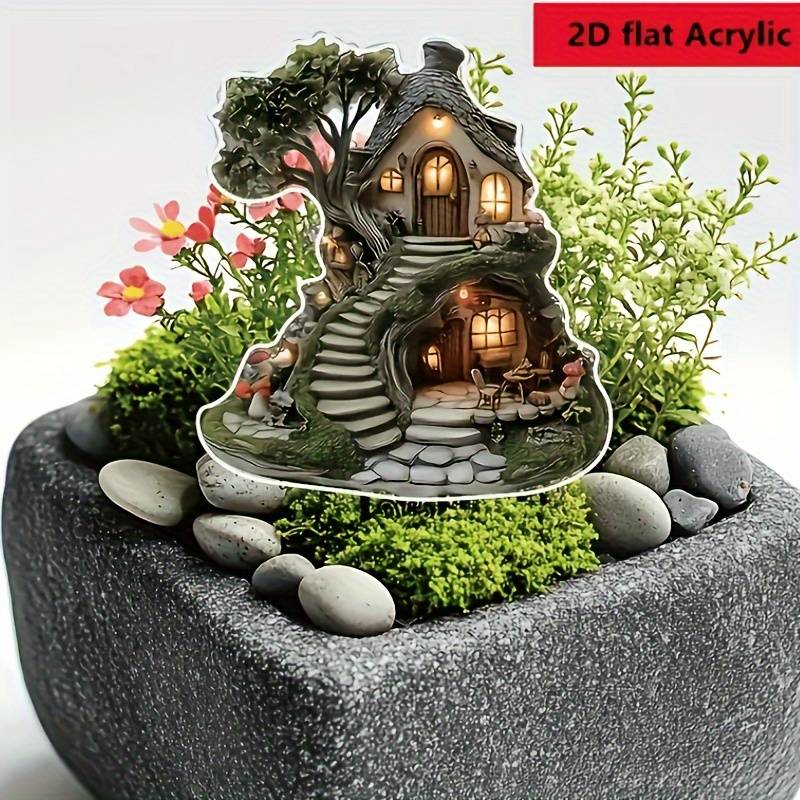 1pc 2D Flat  Glimm-Style Crystal Fairy Tree House Garden Plate Enchanting Lawn Ornament with Ston