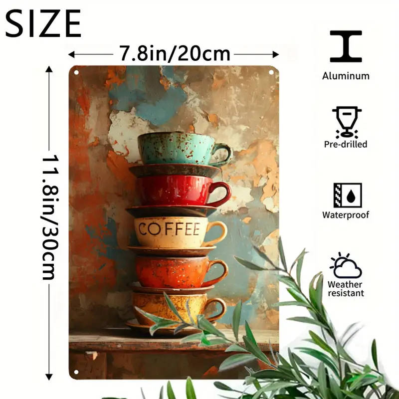 1pc Vintage Style Stacked Coffee Cups Foil Engraving Aluminum Sign Decorative Wall Art for Home Farm
