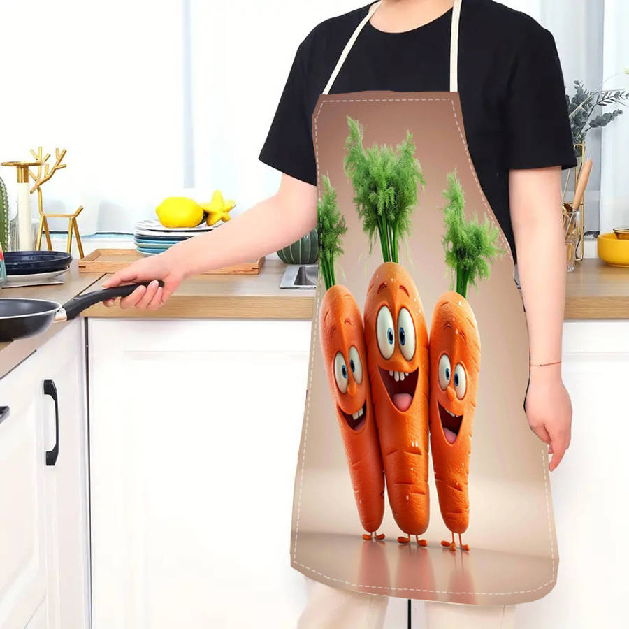 1pc Fun Carrot Print Apron 100% Linen Durable Comfortable 170gsm Woven Kitchen Apron for Co