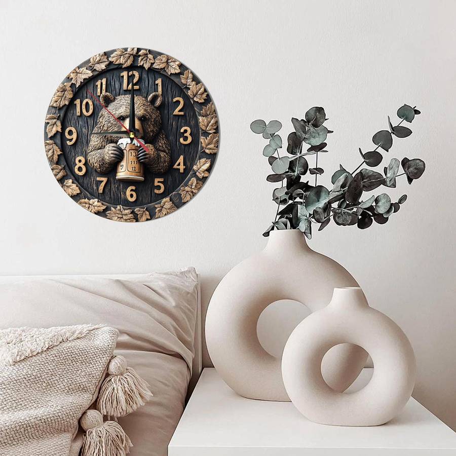1pc Rustic Wooden Bear with Beer Wall Clock Silent Movement Round Farmhouse Decor Battery Op