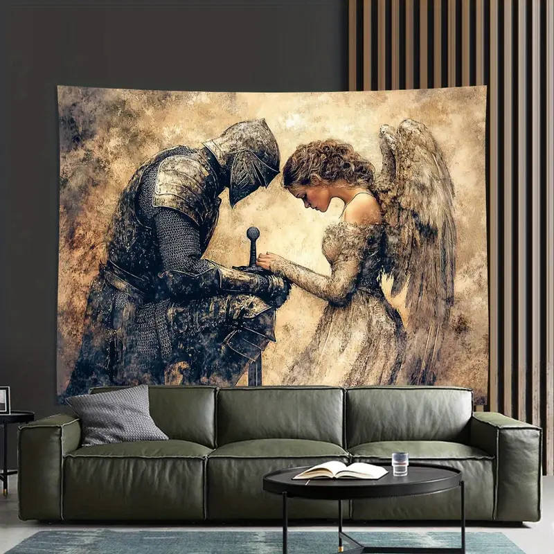 BIG!! Vintage Polyester Knight and Angel Tapestry, Pre-Prayer Scene Wall Hanging for Living Room