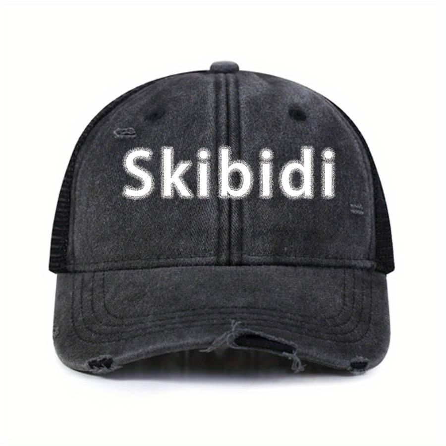 Skibidi Printed Baseball Cap Solid Color Washed Distressed Mesh Trucker Hat Breathable Adjustab