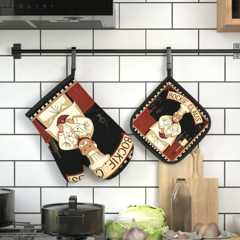 2pcs Retro Chef Oven Gloves and Pot Mats Heat Resistant Vintage Kitchen Decor Suitable for