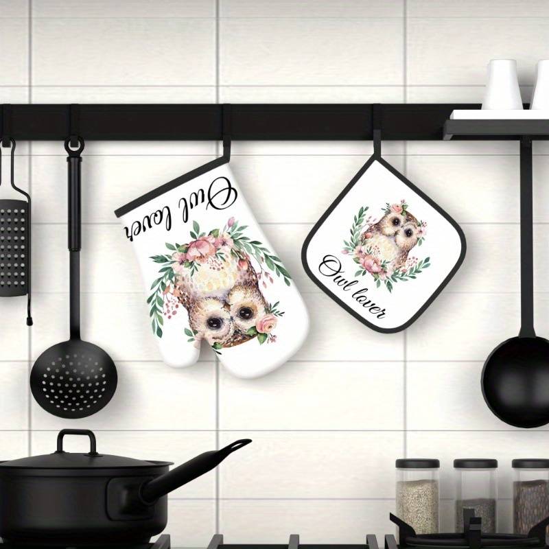 2pcs Set Owl Lover Themed Polyester Oven Mitts and Pot Holders 26.92x17.02 cm Heat Resistant