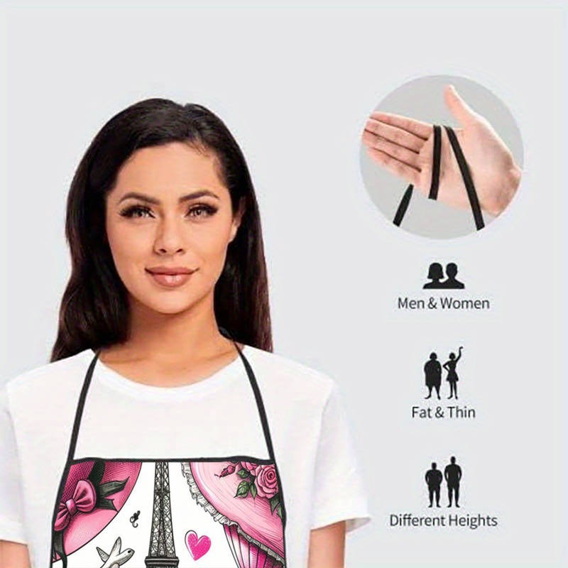 1pc Paris Theme Sleeveless Polyester Apron with Pink Accents Romantic Eiffel Tower Vintage B