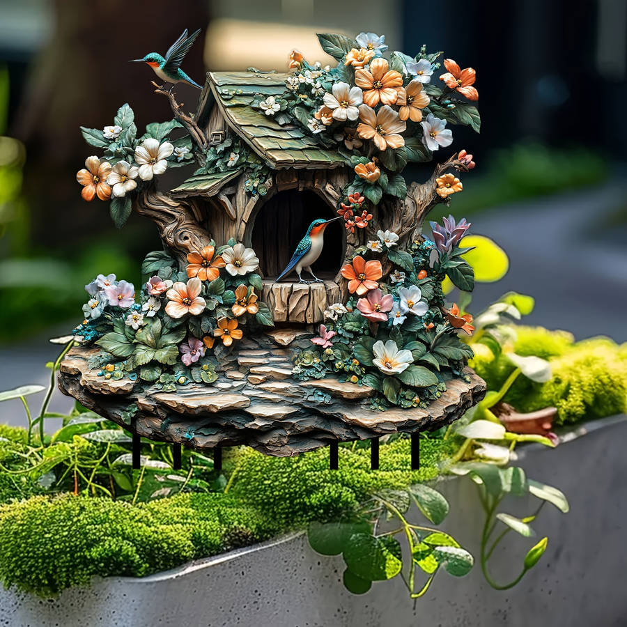 1pc 2D Flat   Acrylic Bird Garden Statue Vibrant Floral Design with Singing Bluebird in Birdhou