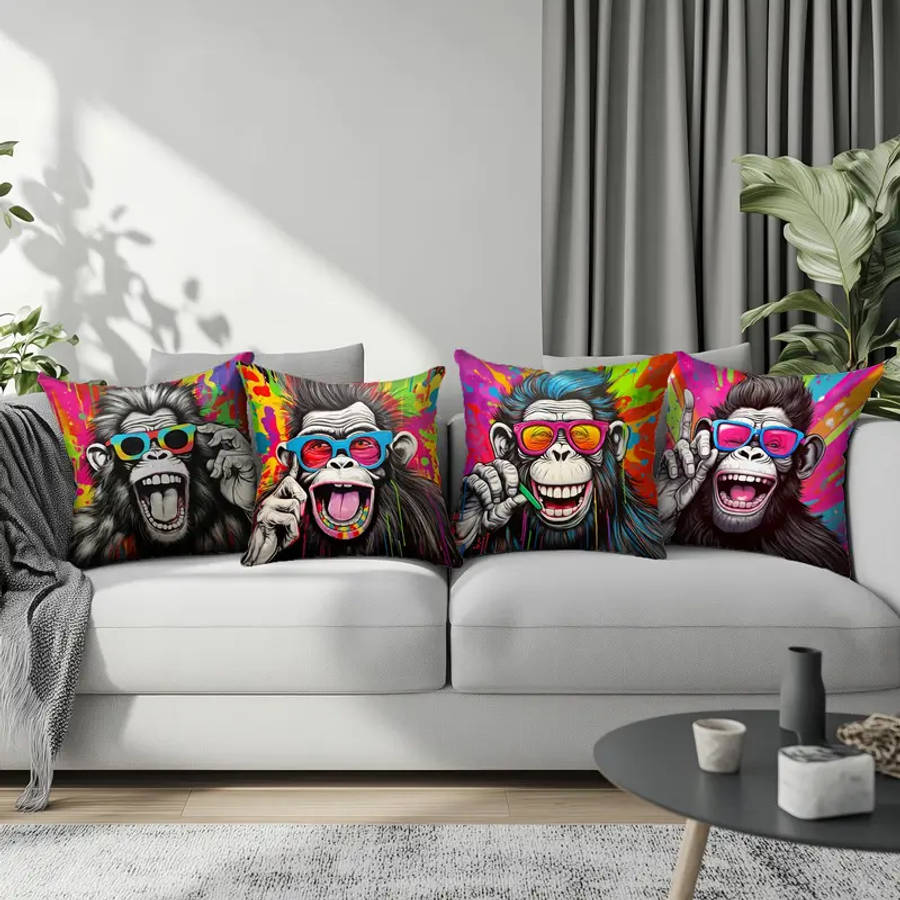 4 Piece Punk Style Monkey with Fashion Glasses Pillow Covers - Soft Zipper Closure