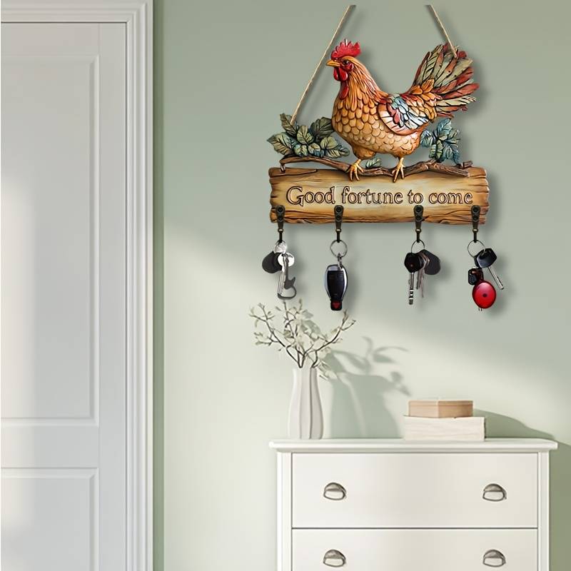 1 piece2Dflat Colorful Chicken Simple Colorful Wooden Household Key Hook with Four Metal Hooks(5.0