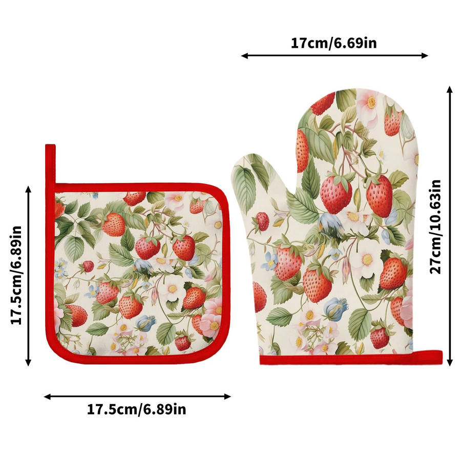 2pcs Strawberry and Floral Pattern Silicone Oven Mitts Pot Holders Thickened Non-Slip Heat R