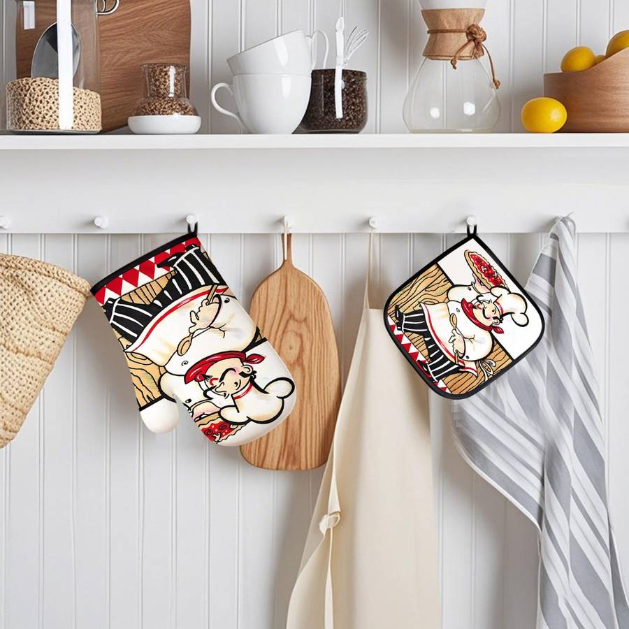 2 piece set Kitchen Oven Gloves and Hot Pads Pizza Chef Design for Kitchen Cooking Baking and