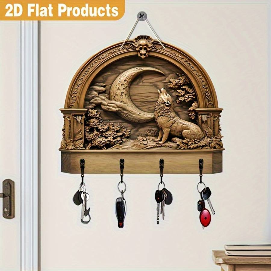 2D Flat Moon Wolf Simple Colorful Wooden And Home Key Holder With Four Metal Hooks 2D Flat Wal