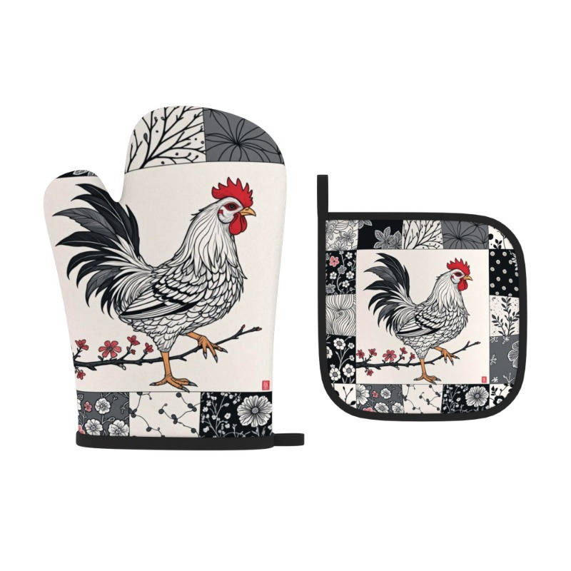 2pcs Rooster Plum Blossom Heat-Resistant Oven Mitts Floral Chinese Design 26.92x17.02 cm