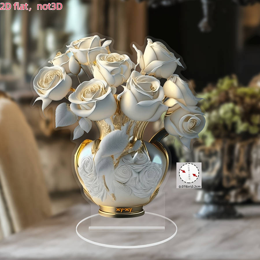 2D Flat Elegant Acrylic White Rose Desktop Decor With Golden Vase 18.01Cm X 16.69Cm Flora