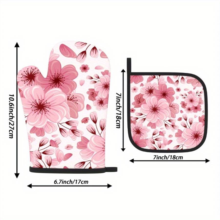 2pcs Pink Cherry Blossom Oven Mitts Pot Holders (26.92x17.02cm) Heat Resistant Polyester
