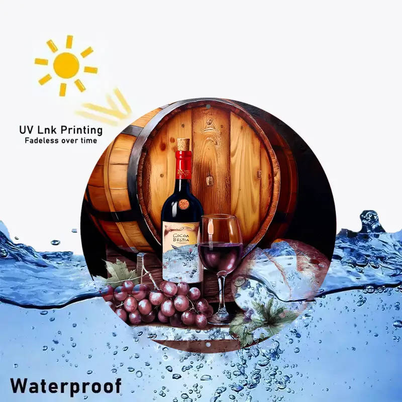 1pc Bottle of Wine And a Glass of Red Wine Next to a Wreath Sign 8X8 Inch 20Cmx20Cm Round Aluminum S