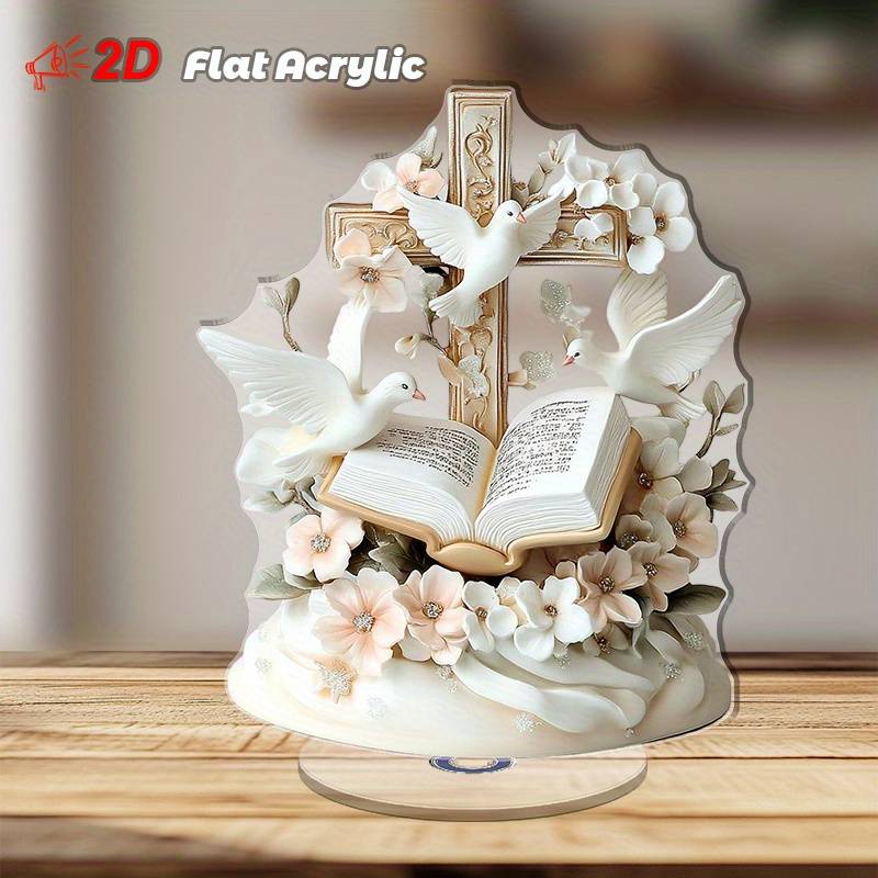 1pc 2D Flat  Acrylic 3D Cross Pendant with Doves Flowers and Open Bible Rotating Crystal Desktop