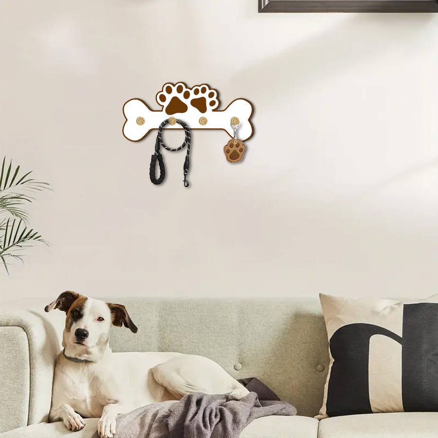 Charming Wooden Dog Paw Bone Design Wall Hanger With 4 Hookskey Leash Organizer Perfect