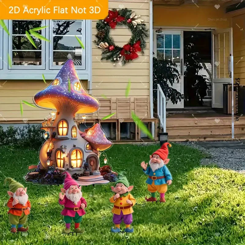 2D Flat 5 Pieces Fairy Gnome and Fantasy Mushroom House Acrylic Bohemian Garden Decoration