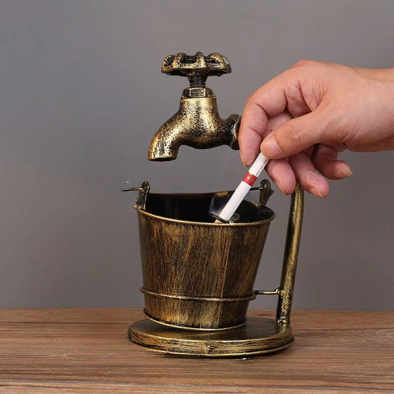 1pc Vintage European-Style Copper Ashtray with Faucet Design C Decorative Iron Art for Home Office