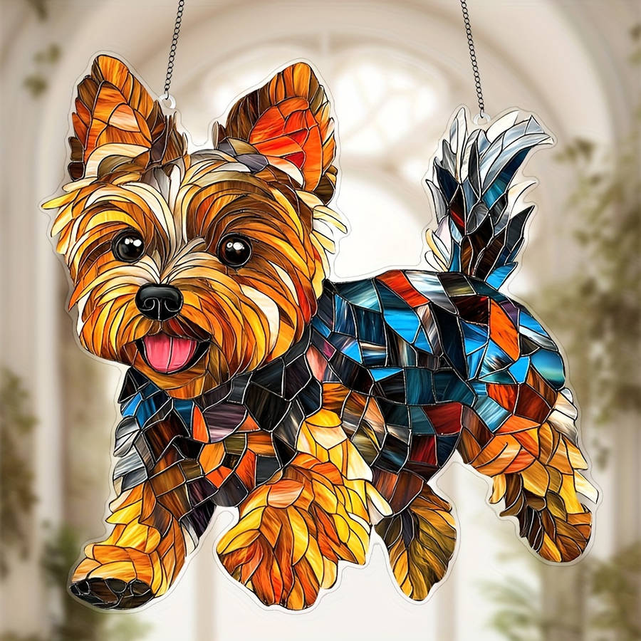 1pc 2D Flat  Printing 8" x 8" Acrylic Dog Ornament Colorful Yorkie Design Durable Wall Art for Wi