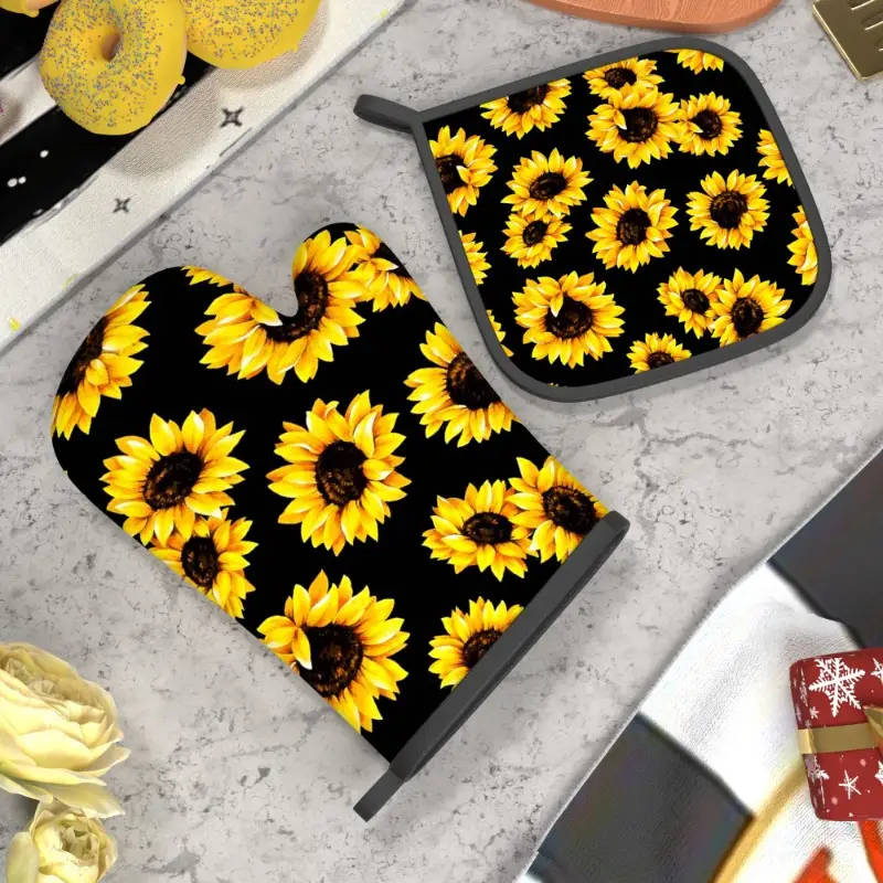 2pcs Sunflower Oven Mitt Set Heat Resistant Polyester Kitchen Gloves and Potholders Woven Machine Wa