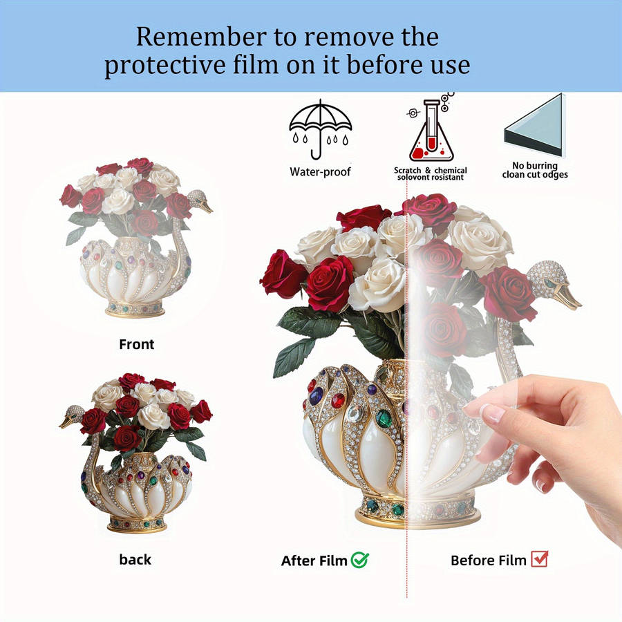 1pc 2D Flat  Elegance Swan Vase with Gemstone Embellishments White and Gold Acrylic Tabletop Deco