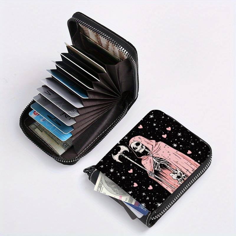 1pc Grim Reaper Pink Skull Print Wallet with 9+2 Card Slots C Stylish Zippered Purse for Everyday U