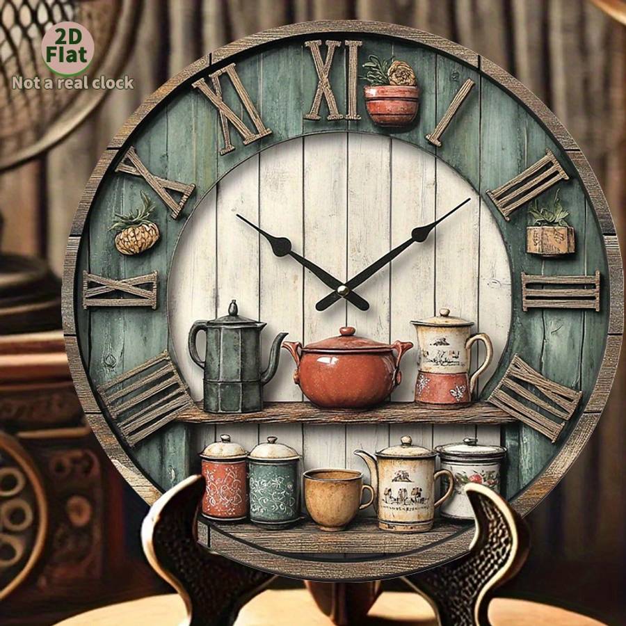 1pc 2D Flat Rustic Farmhouse Kitchen Wall Clock 2D Flat Non-Real Clock Design Vintage Country S