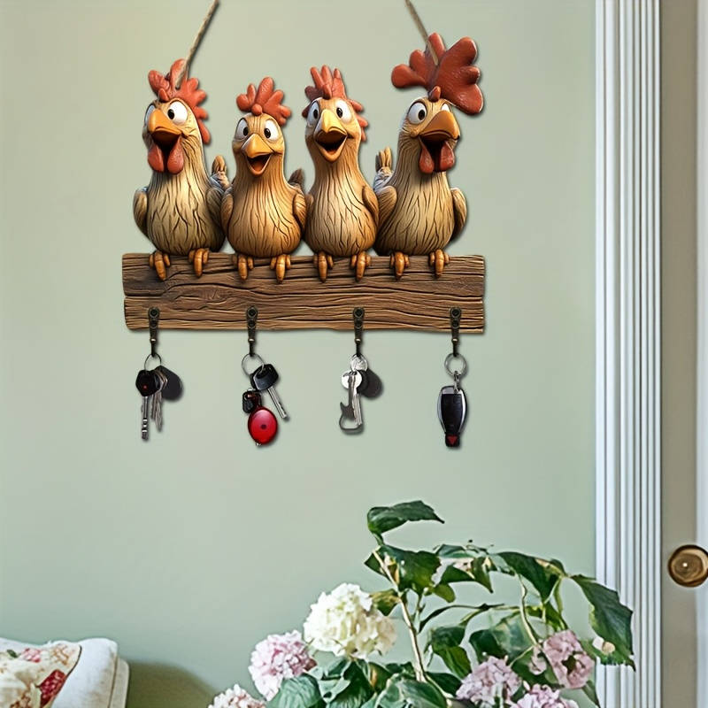 Charming Cartoon Hen Wooden Key Holder With 4 Metal Hooks