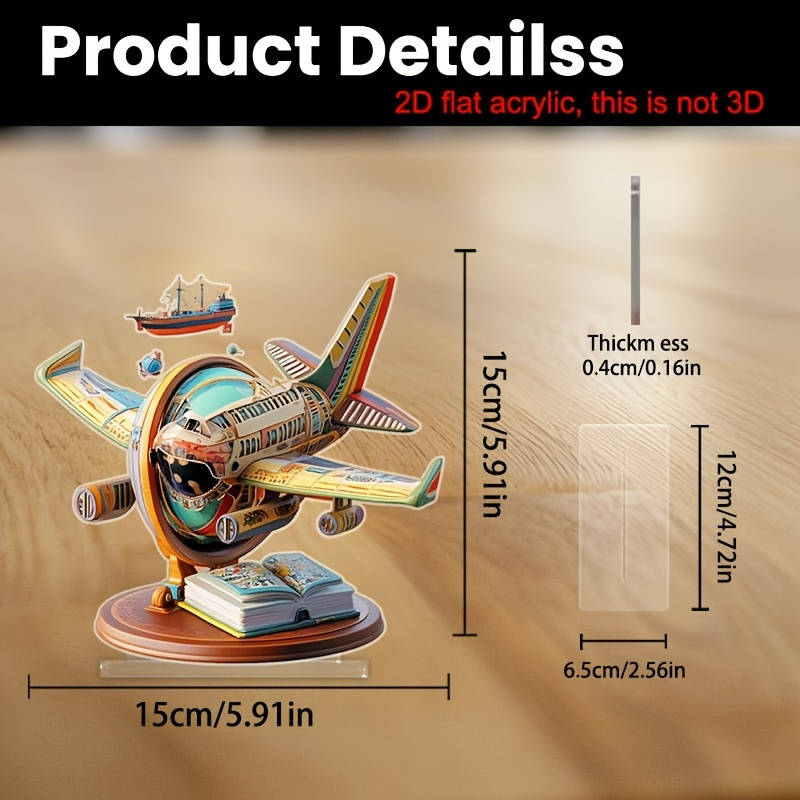 2D Flat Vibrant Acrylic Airplane Globe Tabletop Decor Colorful Rainbow Design Perfect For