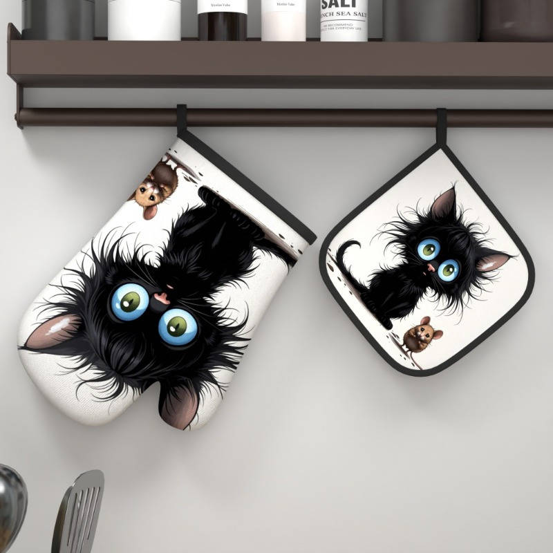 2pcs Heat-Resistant Oven Mitts Potholders Cute Black Kitten Brown Mouse Design 26.92x17.